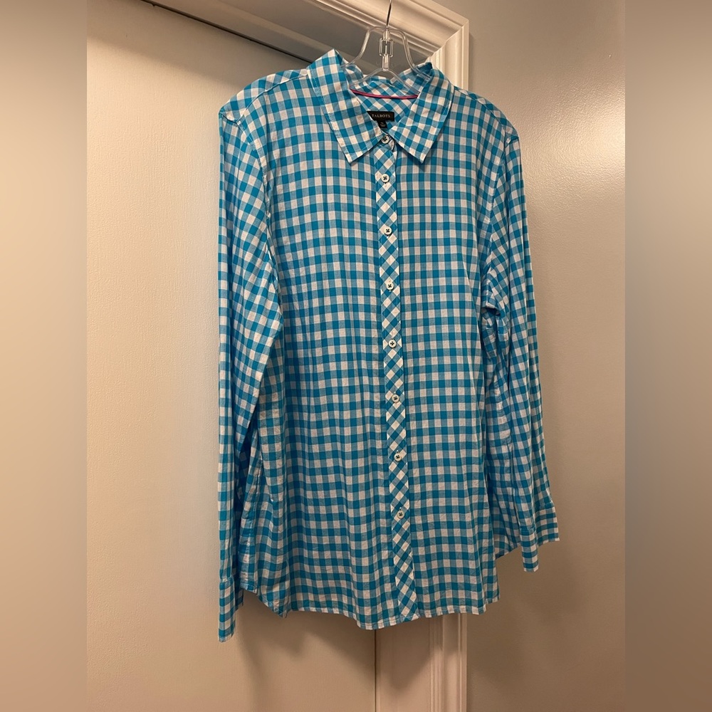 Talbots Woman Blouse Turquoise & White Gingham Cotton Button Down XL